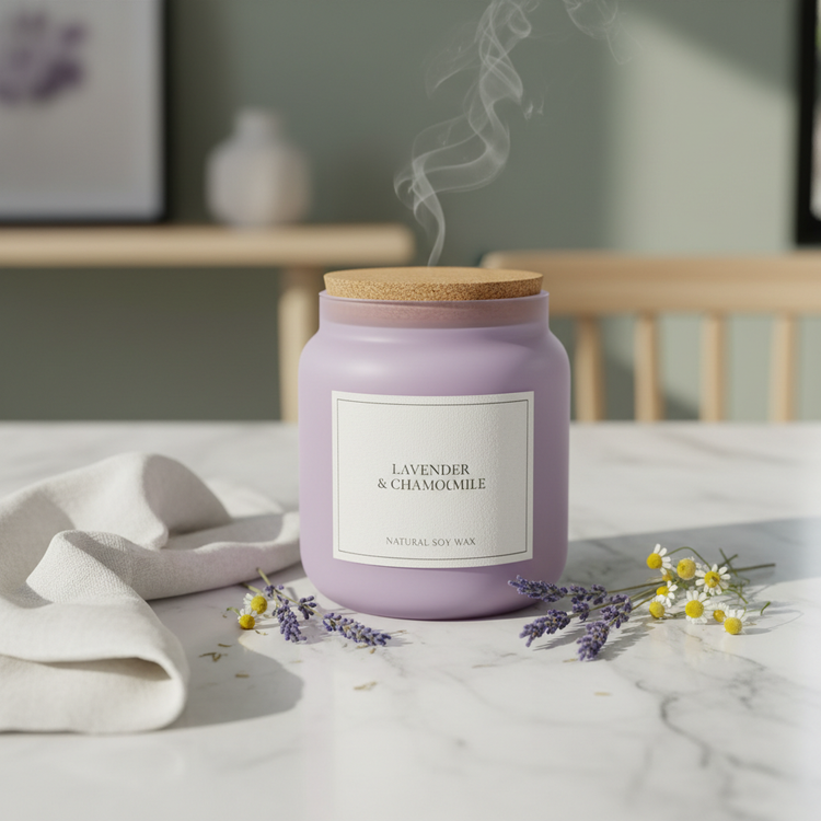 Lavender and Chamomile Soy Wax Candle in lilac jar with lavender sprigs and chamomile flowers