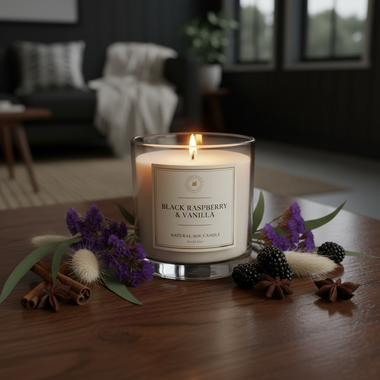 Black Raspberry & Vanilla Soy Wax Candle in glass jar with dark berries and botanicals