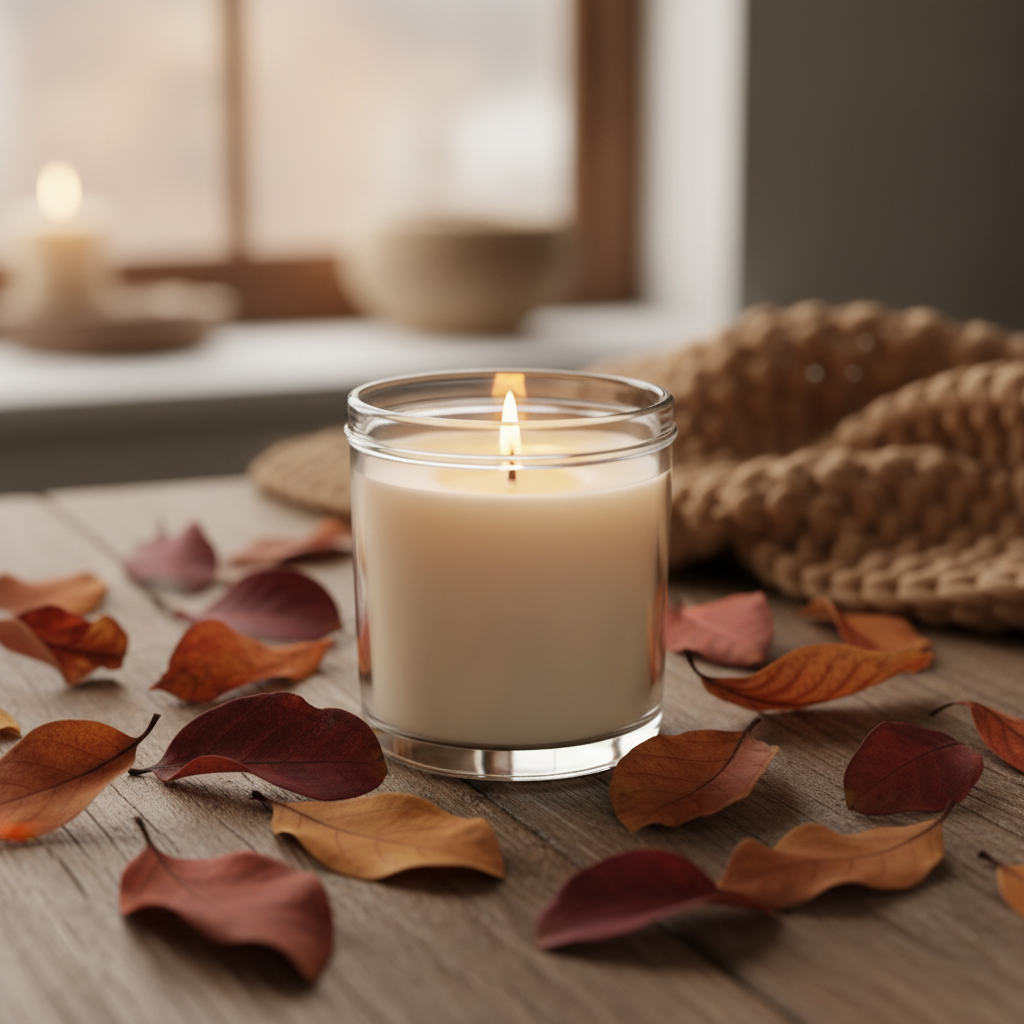 Fallen Leaves soy candle surrounded by autumn leaves