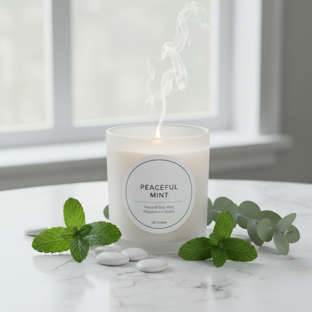 Peppermint Soy Wax Candle in frosted white jar with fresh mint leaves and eucalyptus
