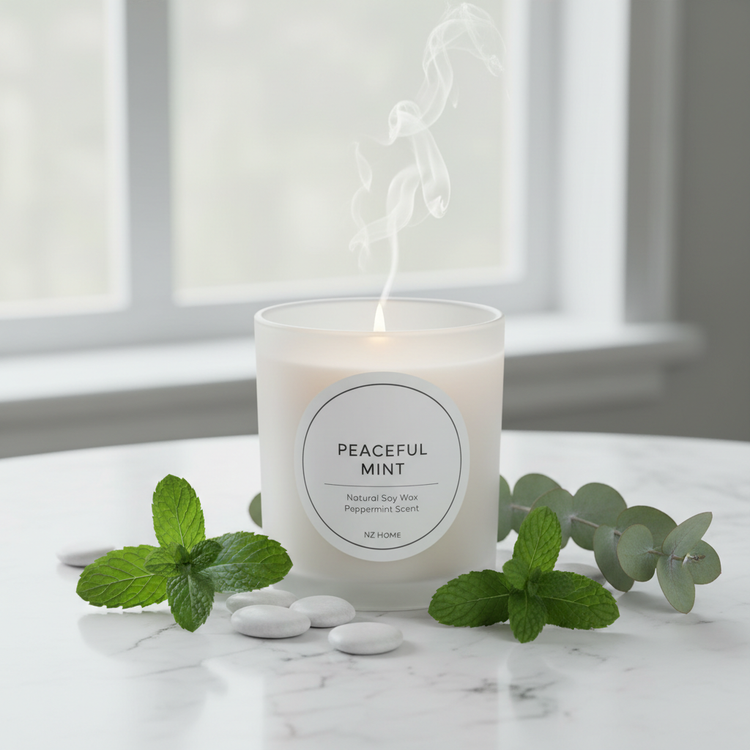 Peppermint Soy Wax Candle in frosted white jar with fresh mint leaves and eucalyptus
