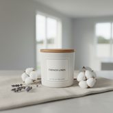 French Linen Soy Wax Candle in white jar with linen fabric and cotton stems