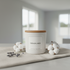 French Linen Soy Wax Candle in white jar with linen fabric and cotton stems